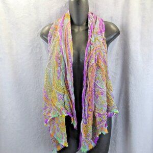Vtg Chiffon Scarf Psychedelic Purple Green Pastel Paisley 1980s Sheer Asia Desig